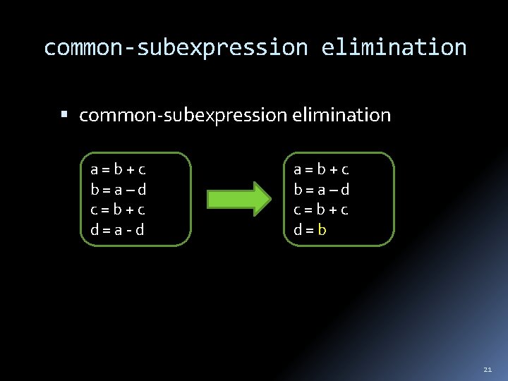 common-subexpression elimination a = b + c b = a – d c =