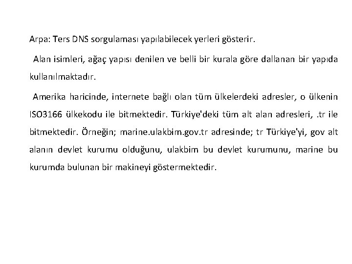 Arpa: Ters DNS sorgulaması yapılabilecek yerleri gösterir. Alan isimleri, ağaç yapısı denilen ve belli