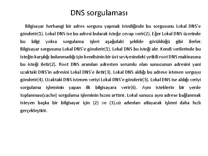 DNS sorgulaması Bilgisayar herhangi bir adres sorgusu yapmak istediğinde bu sorgusunu Lokal DNS’e gönderir(1).