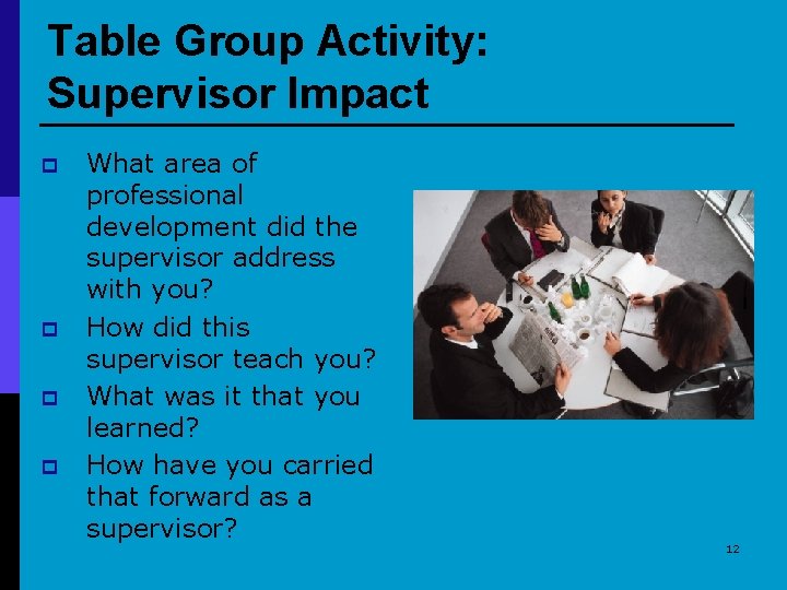 Table Group Activity: Supervisor Impact p p What area of professional development did the