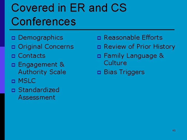 Covered in ER and CS Conferences p p p Demographics Original Concerns Contacts Engagement