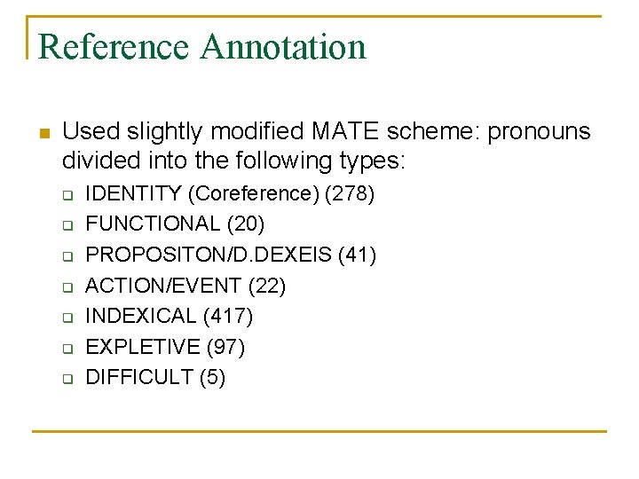 Reference Annotation n Used slightly modified MATE scheme: pronouns divided into the following types: