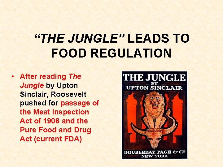 “THE JUNGLE” LEADS TO FOOD REGULATION • After reading The Jungle by Upton Sinclair, “THE JUNGLE” LEADS TO FOOD REGULATION • After reading The Jungle by Upton Sinclair,