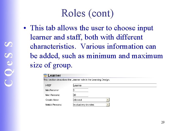 CQe. S S Roles (cont) • This tab allows the user to choose input