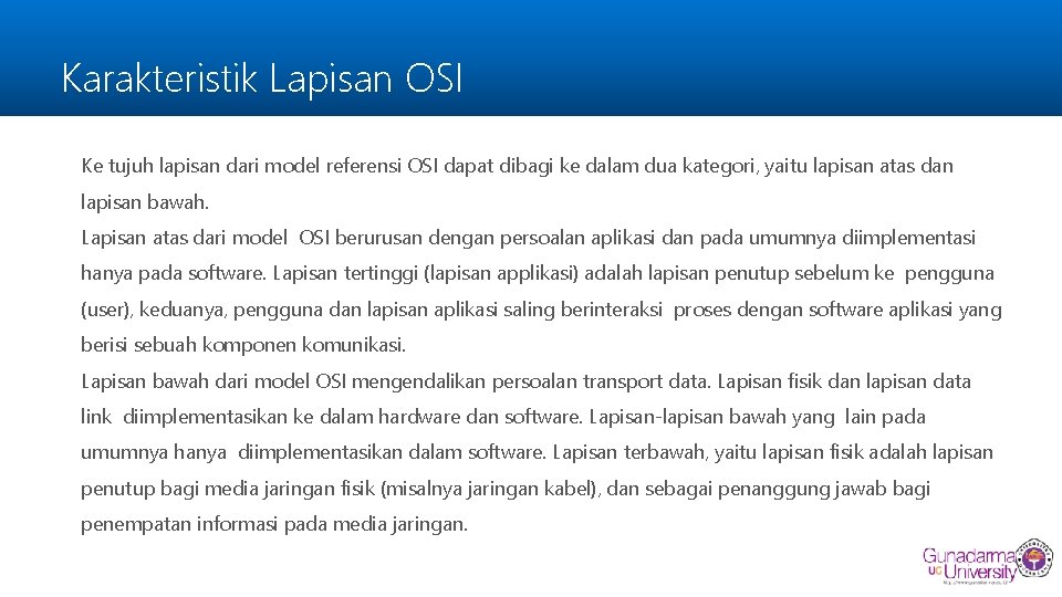 Karakteristik Lapisan OSI Ke tujuh lapisan dari model referensi OSI dapat dibagi ke dalam