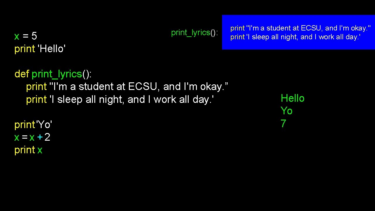 x=5 print 'Hello' print_lyrics(): def print_lyrics(): print "I'm a student at ECSU, and I'm