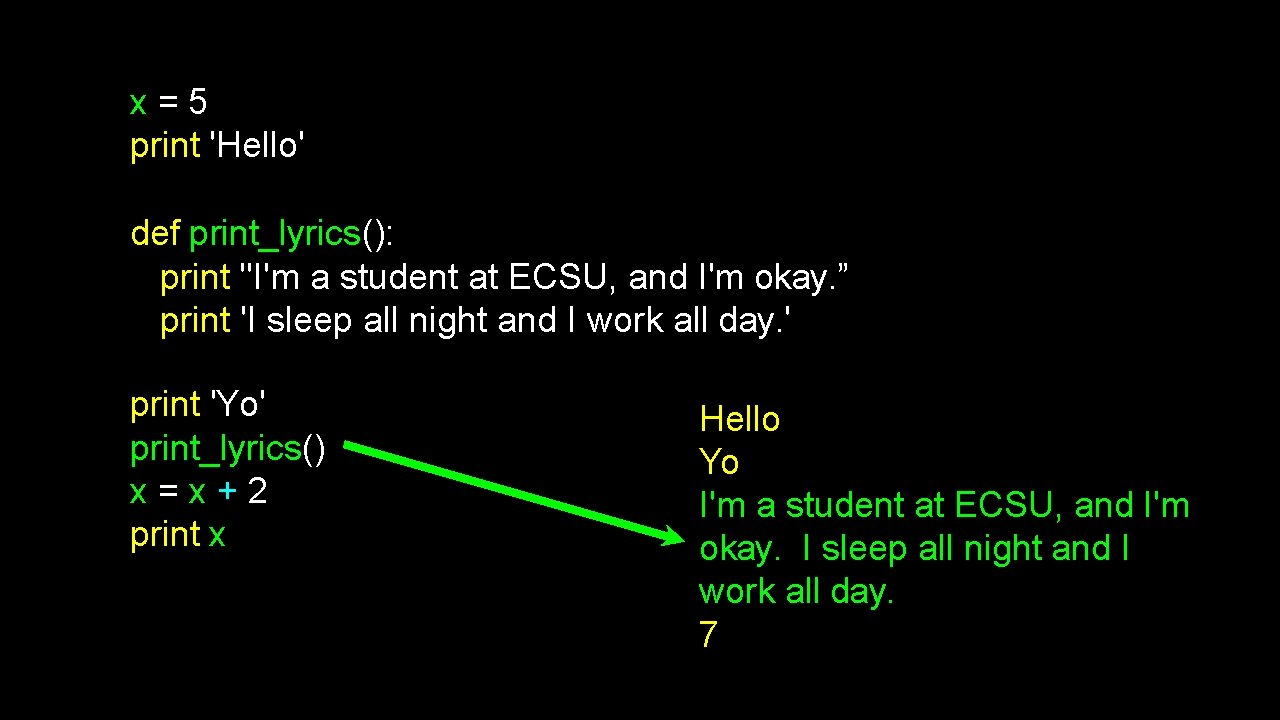 x=5 print 'Hello' def print_lyrics(): print "I'm a student at ECSU, and I'm okay.