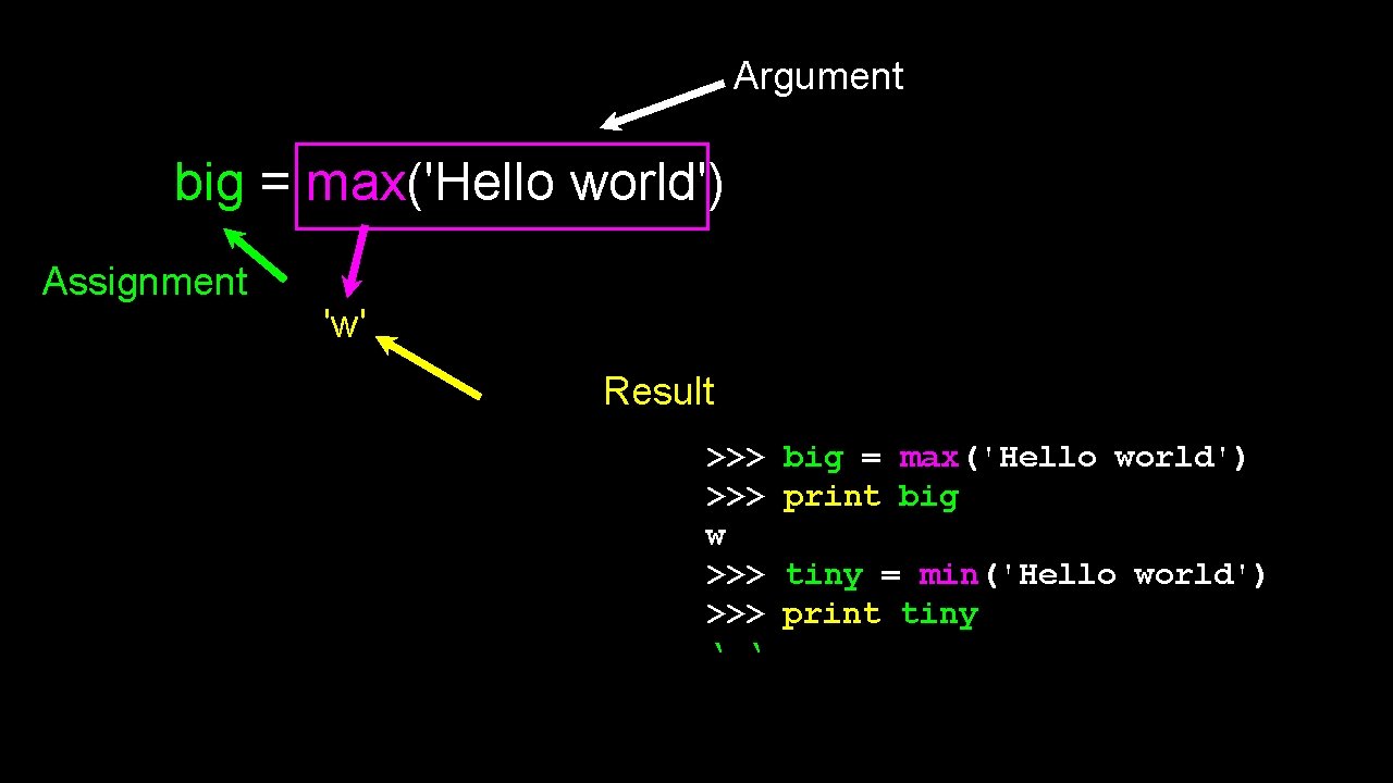 Argument big = max('Hello world') Assignment 'w' Result >>> w >>> ‘ ‘ big