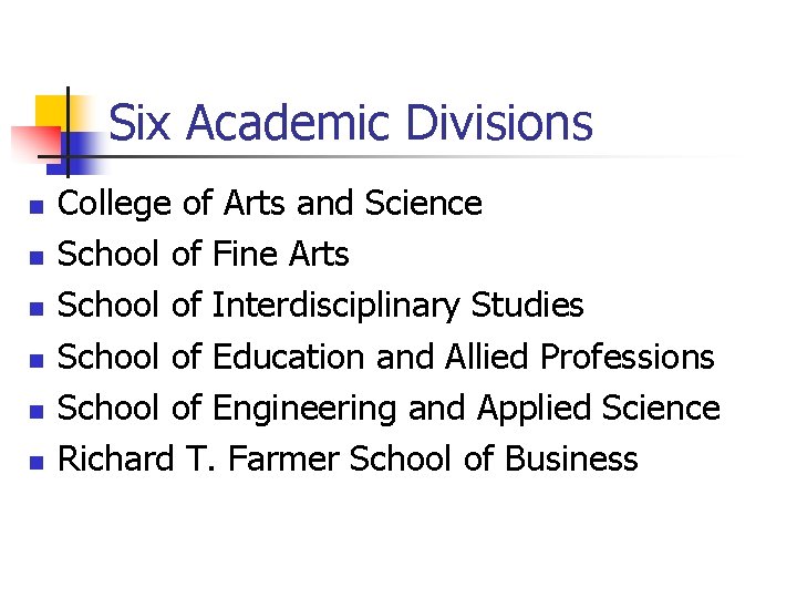 Six Academic Divisions n n n College of Arts and Science School of Fine