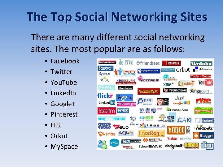 The Top Social Networking Sites There are many different social networking sites. The most The Top Social Networking Sites There are many different social networking sites. The most