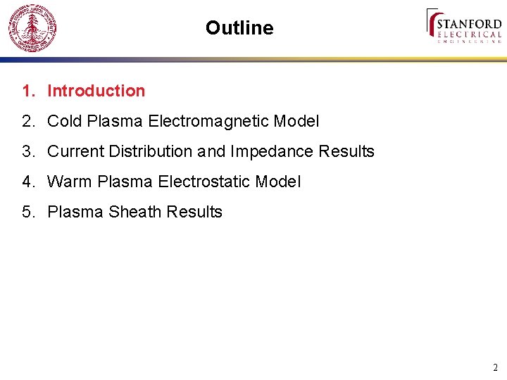 Outline 1. Introduction 2. Cold Plasma Electromagnetic Model 3. Current Distribution and Impedance Results