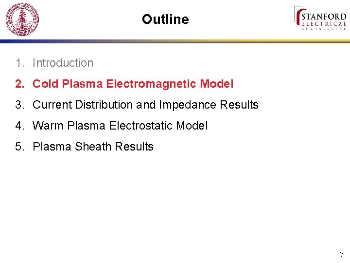 Outline 1. Introduction 2. Cold Plasma Electromagnetic Model 3. Current Distribution and Impedance Results