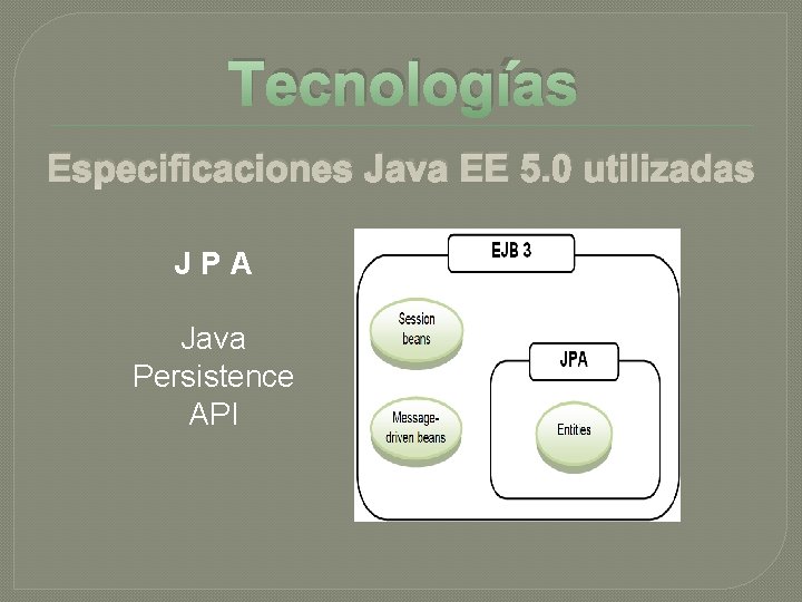 Tecnologías Especificaciones Java EE 5. 0 utilizadas JPA Java Persistence API Tecnologías Especificaciones Java EE 5. 0 utilizadas JPA Java Persistence API
