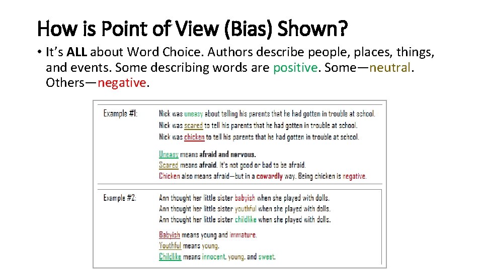 How is Point of View (Bias) Shown? • It’s ALL about Word Choice. Authors
