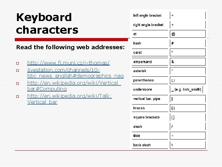 Keyboard characters Read the following web addresses: o o http: //www. fi. muni. cz/~thomas/