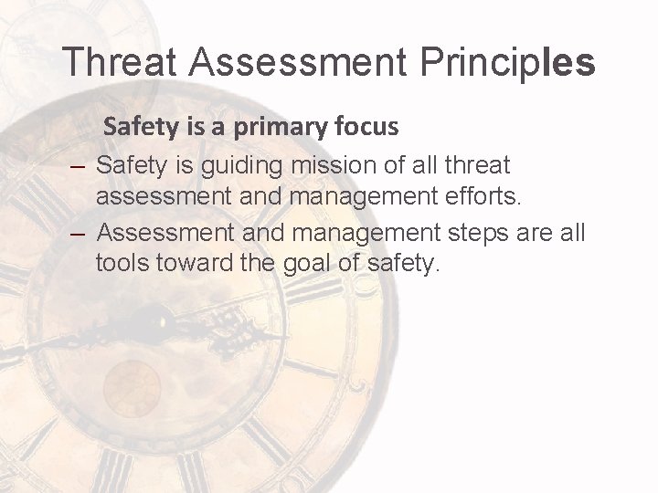 Threat Assessment Principles Safety is a primary focus – Safety is guiding mission of