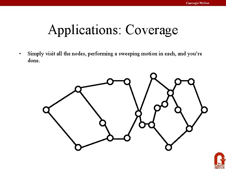 Applications: Coverage • Simply visit all the nodes, performing a sweeping motion in each,