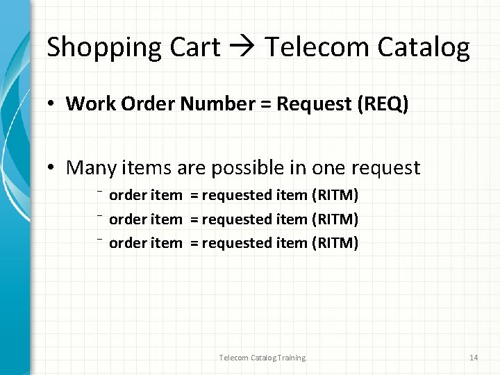 Shopping Cart Telecom Catalog • Work Order Number = Request (REQ) • Many items Shopping Cart Telecom Catalog • Work Order Number = Request (REQ) • Many items