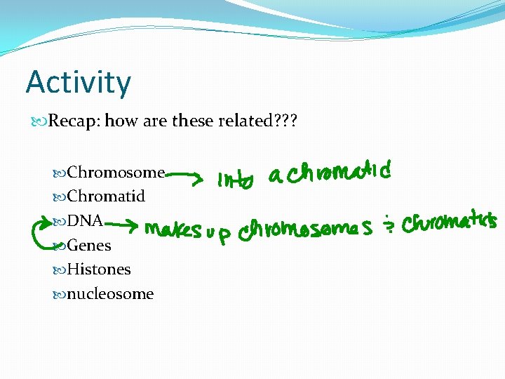 Activity Recap: how are these related? ? ? Chromosome Chromatid DNA Genes Histones nucleosome Activity Recap: how are these related? ? ? Chromosome Chromatid DNA Genes Histones nucleosome