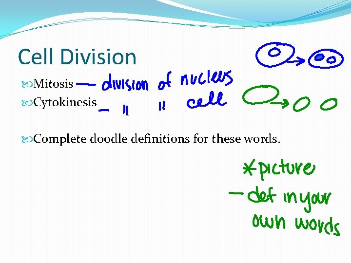 Cell Division Mitosis Cytokinesis Complete doodle definitions for these words. Cell Division Mitosis Cytokinesis Complete doodle definitions for these words.