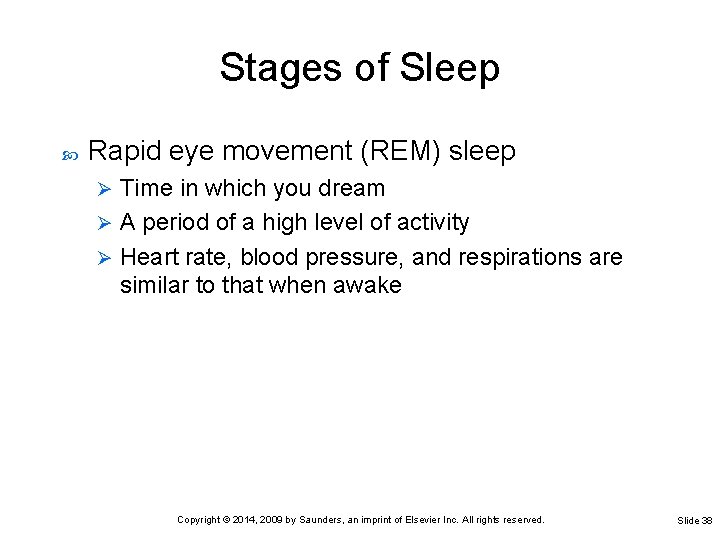 Stages of Sleep Rapid eye movement (REM) sleep Time in which you dream Ø