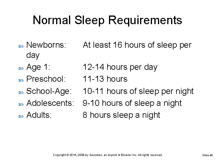 Normal Sleep Requirements Newborns: day Age 1: Preschool: School-Age: Adolescents: Adults: At least 16