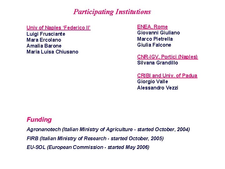 Participating Institutions Univ of Naples ‘Federico II’ Luigi Frusciante Mara Ercolano Amalia Barone Maria