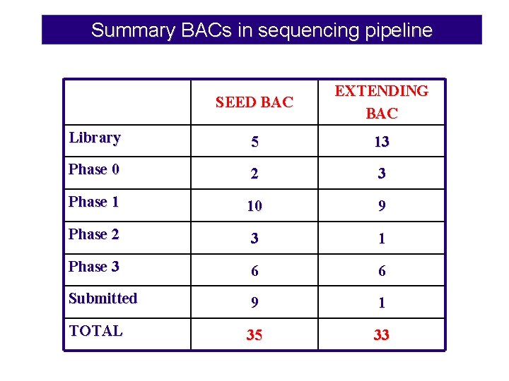 Summary BACs in sequencing pipeline SEED BAC EXTENDING BAC Library 5 13 Phase 0