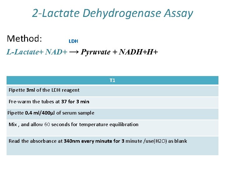 2 -Lactate Dehydrogenase Assay Method: LDH L-Lactate+ NAD+ → Pyruvate + NADH+H+ T 1