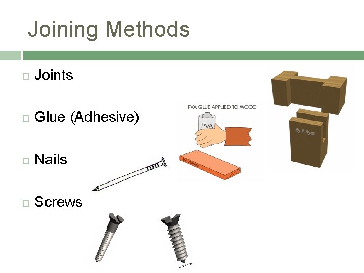 Joining Methods Joints Glue (Adhesive) Nails Screws 