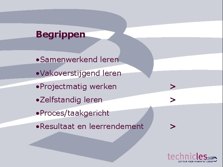 Begrippen • Samenwerkend leren • Vakoverstijgend leren • Projectmatig werken > • Zelfstandig leren