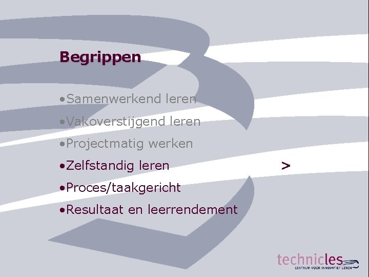 Begrippen • Samenwerkend leren • Vakoverstijgend leren • Projectmatig werken • Zelfstandig leren •