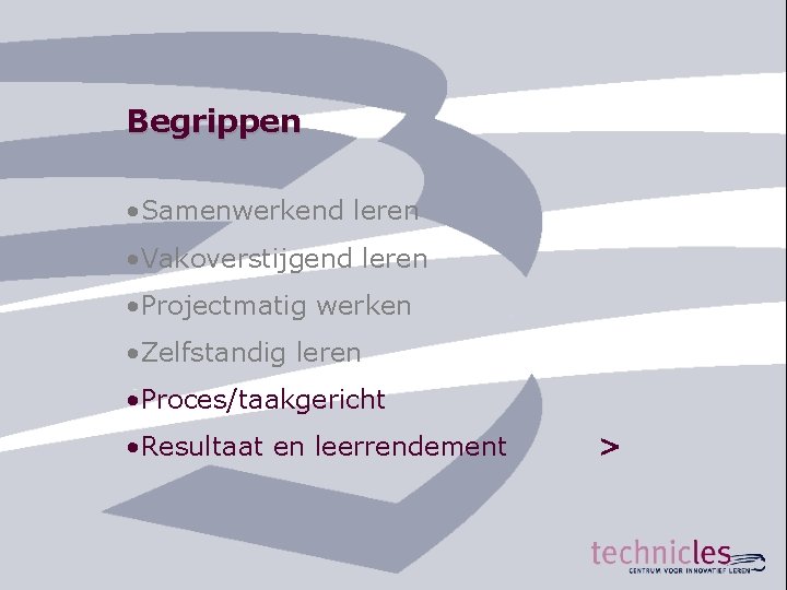 Begrippen • Samenwerkend leren • Vakoverstijgend leren • Projectmatig werken • Zelfstandig leren •