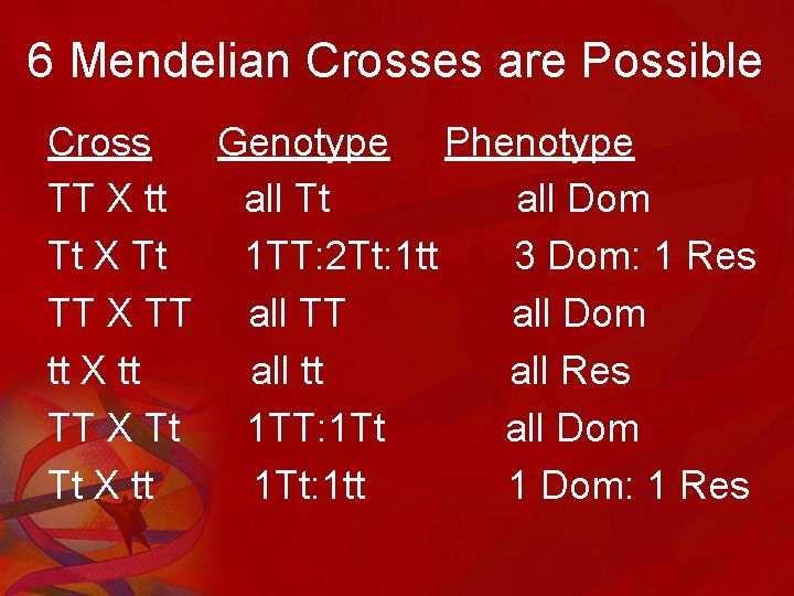 6 Mendelian Crosses are Possible Cross Genotype Phenotype TT X tt all Tt all