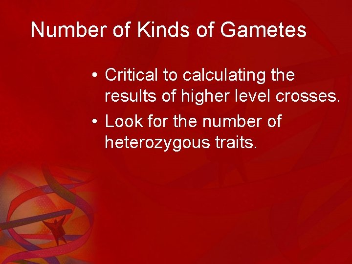 Number of Kinds of Gametes • Critical to calculating the results of higher level