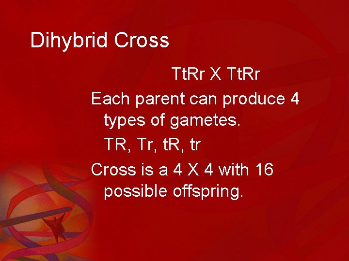 Dihybrid Cross Tt. Rr X Tt. Rr Each parent can produce 4 types of