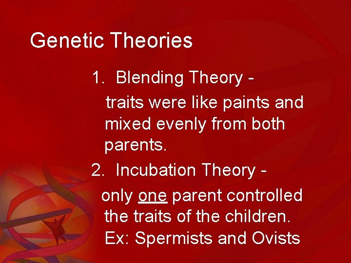 Genetic Theories 1. Blending Theory traits were like paints and mixed evenly from both