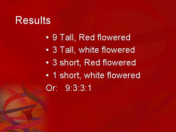 Results • 9 Tall, Red flowered • 3 Tall, white flowered • 3 short,
