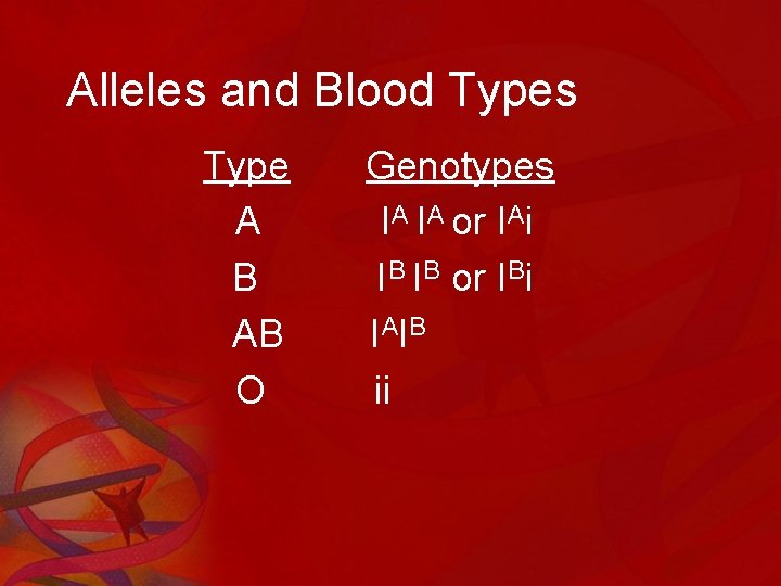 Alleles and Blood Types Type A B AB O Genotypes IA IA or IAi