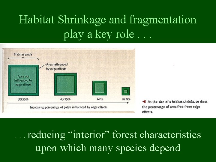 Habitat Shrinkage and fragmentation play a key role. . . reducing “interior” forest characteristics