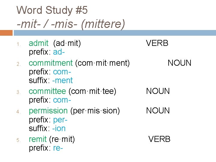 Word Study #5 -mit- / -mis- (mittere) 1. 2. 3. 4. 5. admit (ad·mit)