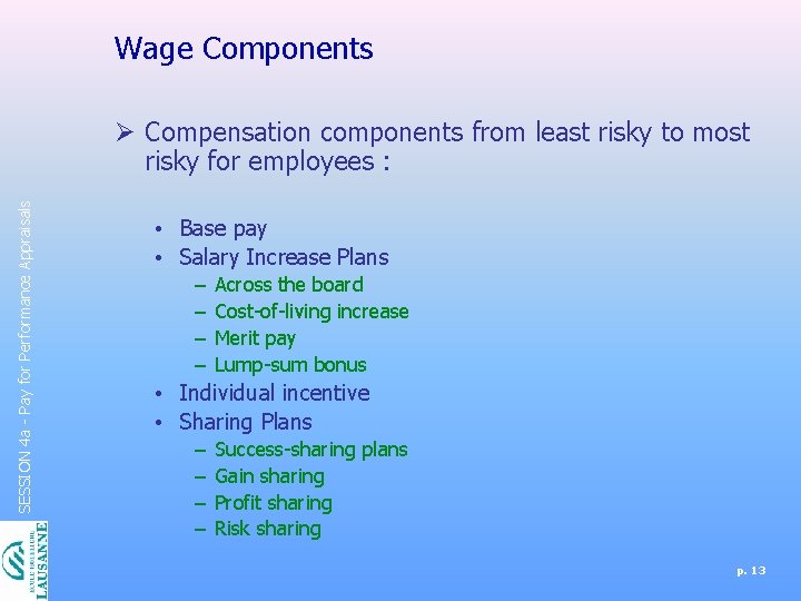 Wage Components SESSION 4 a - Pay for Performance Appraisals Ø Compensation components from