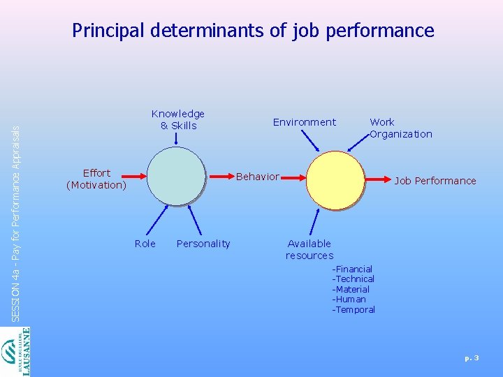 SESSION 4 a - Pay for Performance Appraisals Principal determinants of job performance Knowledge