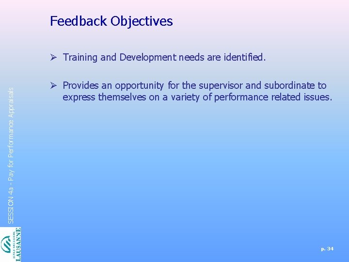 Feedback Objectives SESSION 4 a - Pay for Performance Appraisals Ø Training and Development