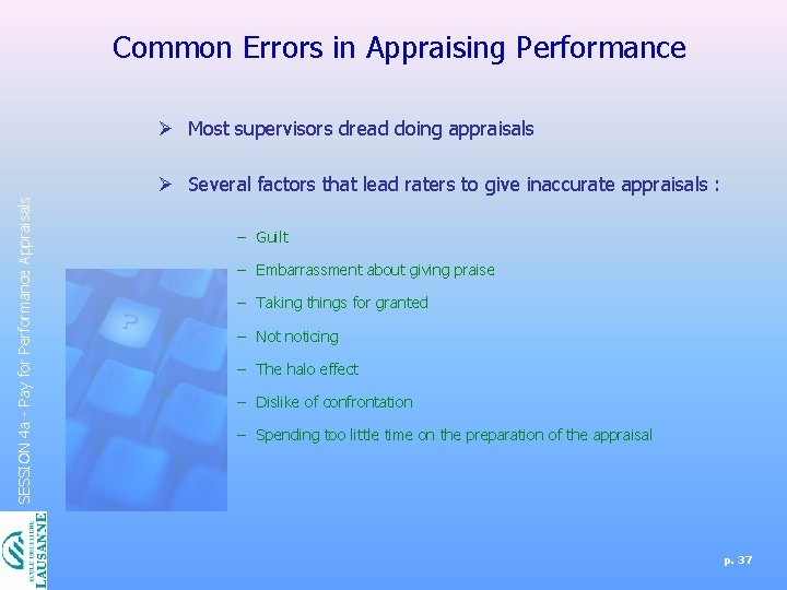 Common Errors in Appraising Performance Ø Most supervisors dread doing appraisals SESSION 4 a