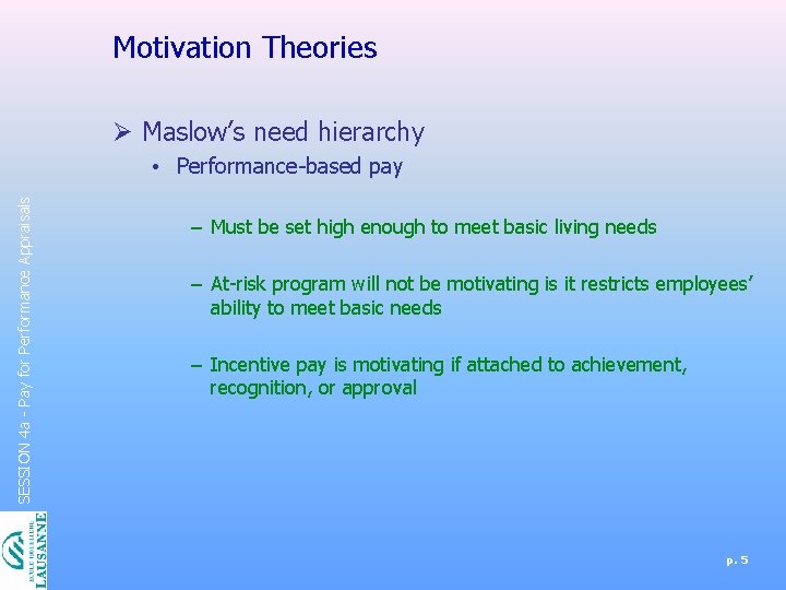 Motivation Theories Ø Maslow’s need hierarchy SESSION 4 a - Pay for Performance Appraisals