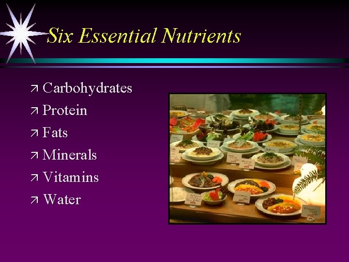 Six Essential Nutrients ä Carbohydrates ä Protein ä Fats ä Minerals ä Vitamins ä