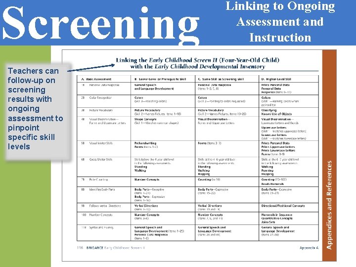 Screening Teachers can follow-up on screening results with ongoing assessment to pinpoint specific skill