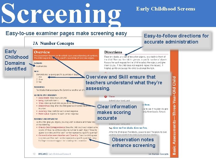 Screening Early Childhood Screens Easy-to-use examiner pages make screening easy Easy-to-follow directions for accurate