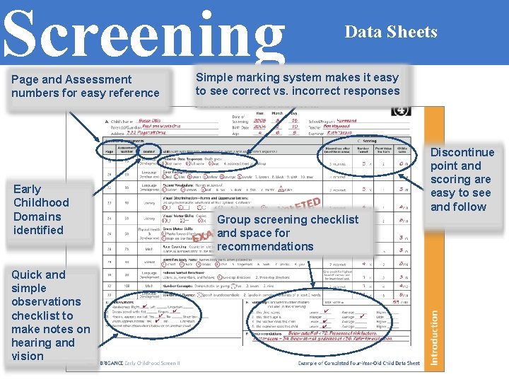 Screening Page and Assessment numbers for easy reference Early Childhood Domains identified Quick and